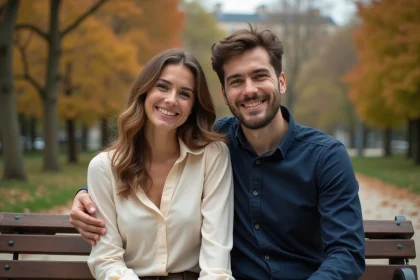 Couple assis sur un banc dans un parc parisien en automne, souriant et complices, illustrant une histoire d'amour
