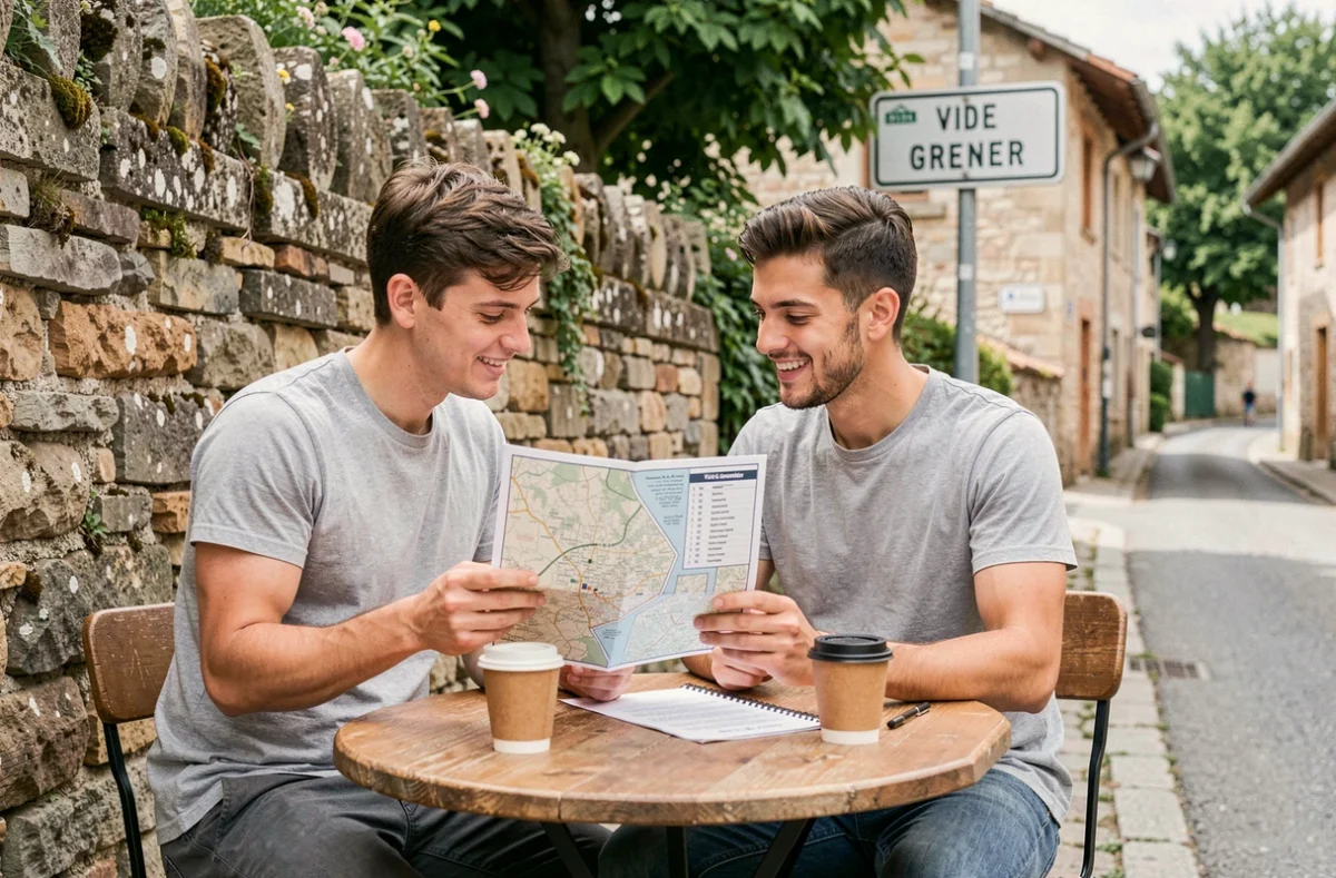 Couple planifiant leur tournée de vide greniers dans l'Ain avec une carte et une liste