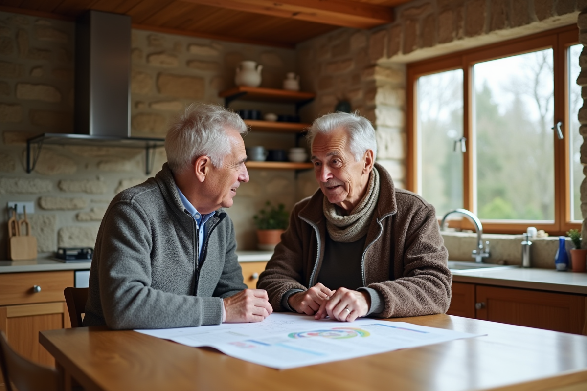 Couple retraité discutant dans cuisine chaleureuse