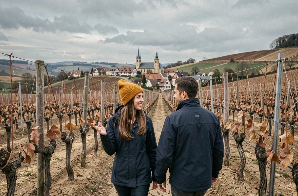 Couple se promenant sur la route des vins d'Alsace entre les vignes en automne