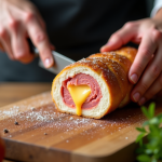 Chef tranchant un cordon bleu frais dans une cuisine naturelle