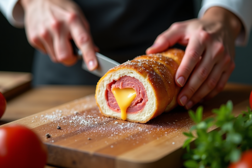 Chef tranchant un cordon bleu frais dans une cuisine naturelle