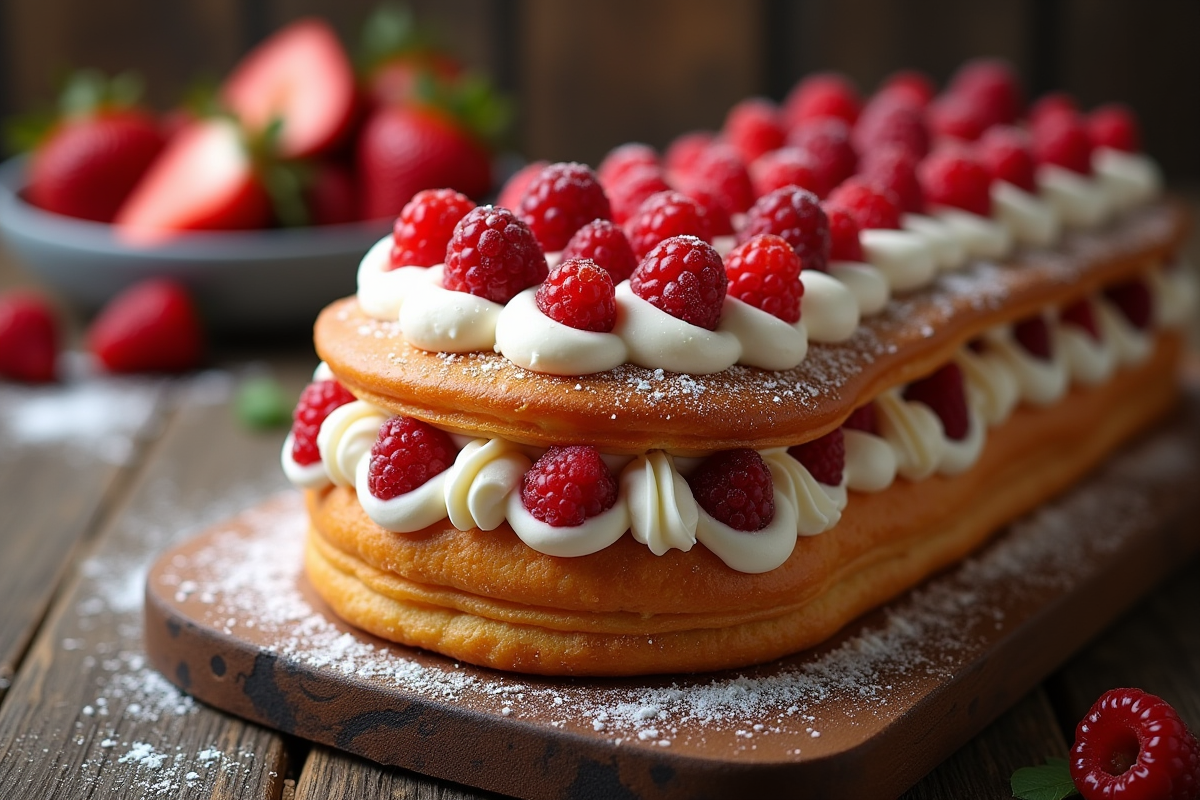 Dacquoise entier avec crème et fruits rouges sur table