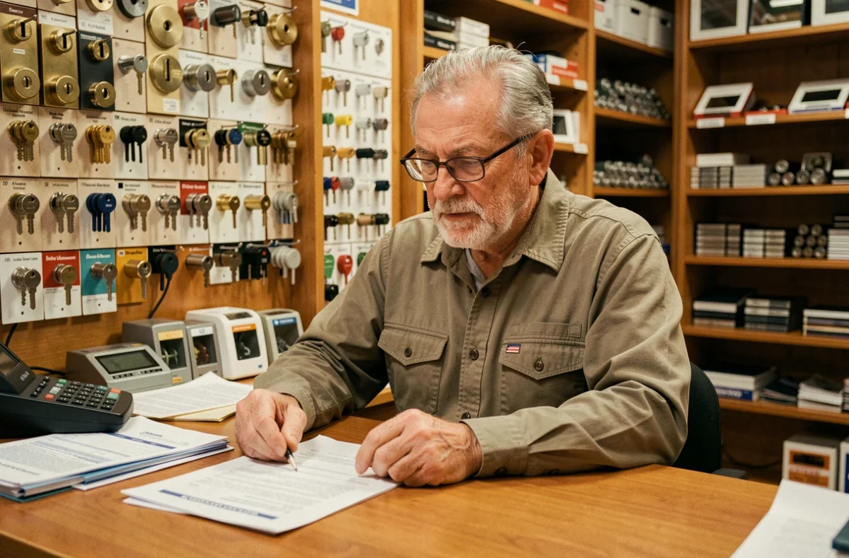 Serrurier senior de Daniel Manchin S.A. à Chaumont assis à la réception de la boutique, examinant des commandes