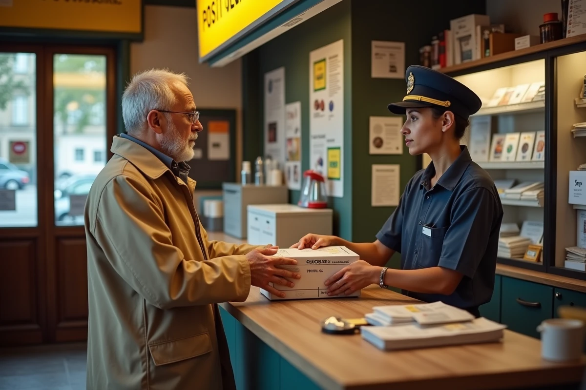 Un homme remet un colis Chronopost à un agent au comptoir d'un bureau de poste