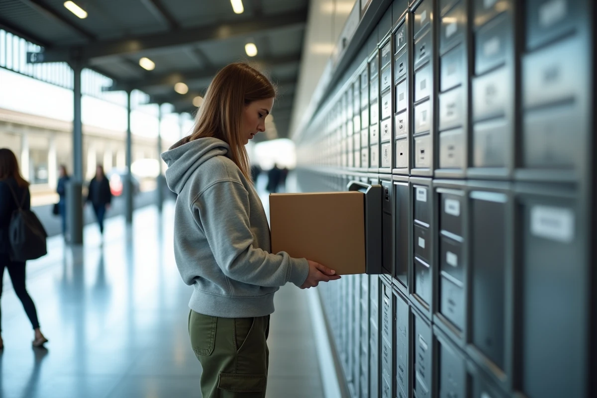 Une femme dépose un colis dans une consigne automatique Chronopost en gare
