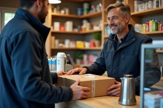 Un homme dépose un colis Chronopost dans un point relais chez un commerçant de quartier