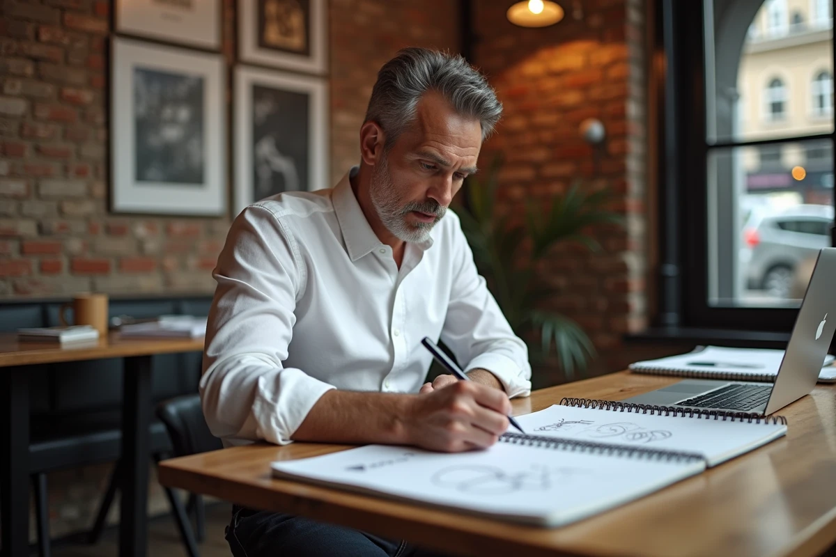Designer homme esquissant dans un café créatif et urbain