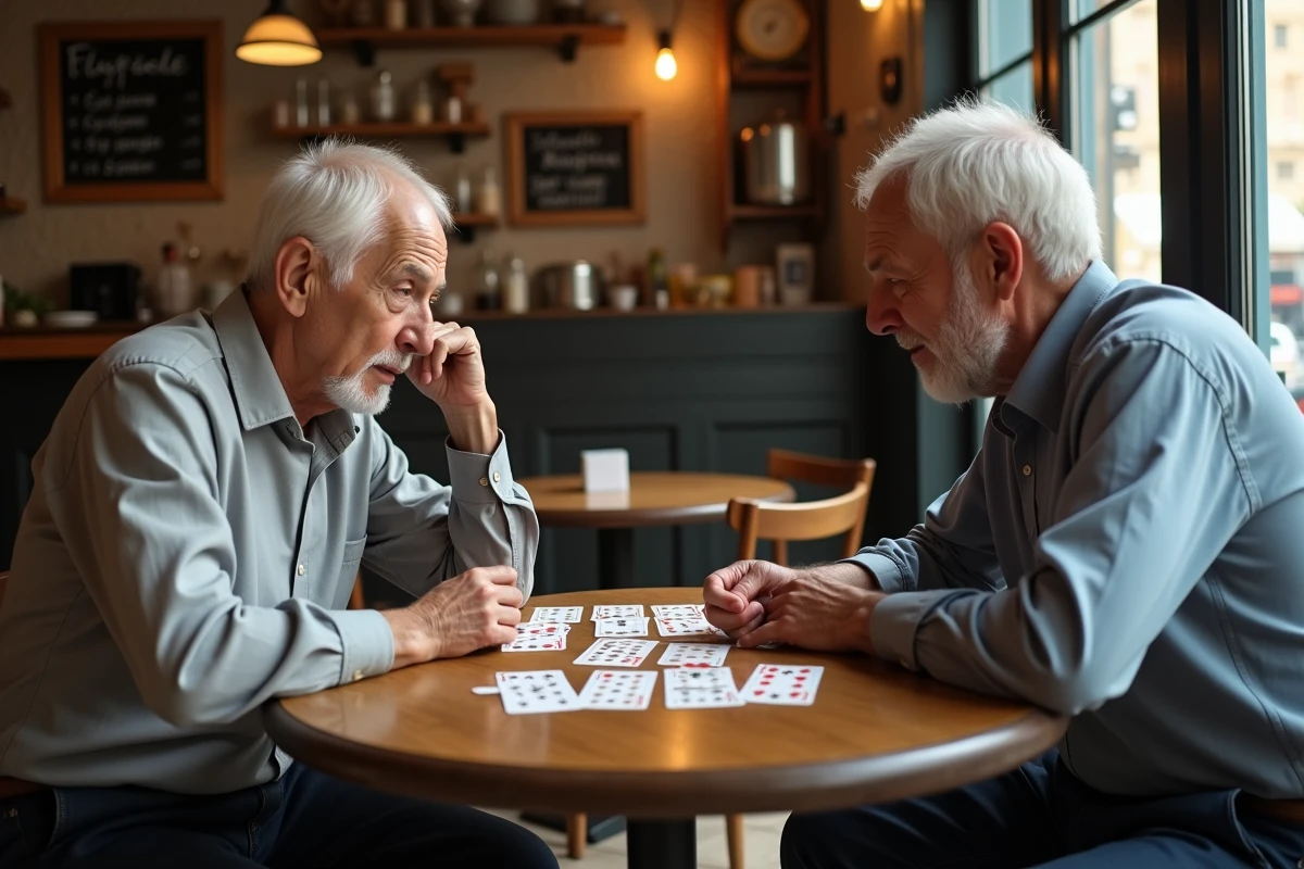Deux hommes âgés jouant à la crapette dans un café français, concentrés sur leur calcul mental autour d'un jeu de cartes