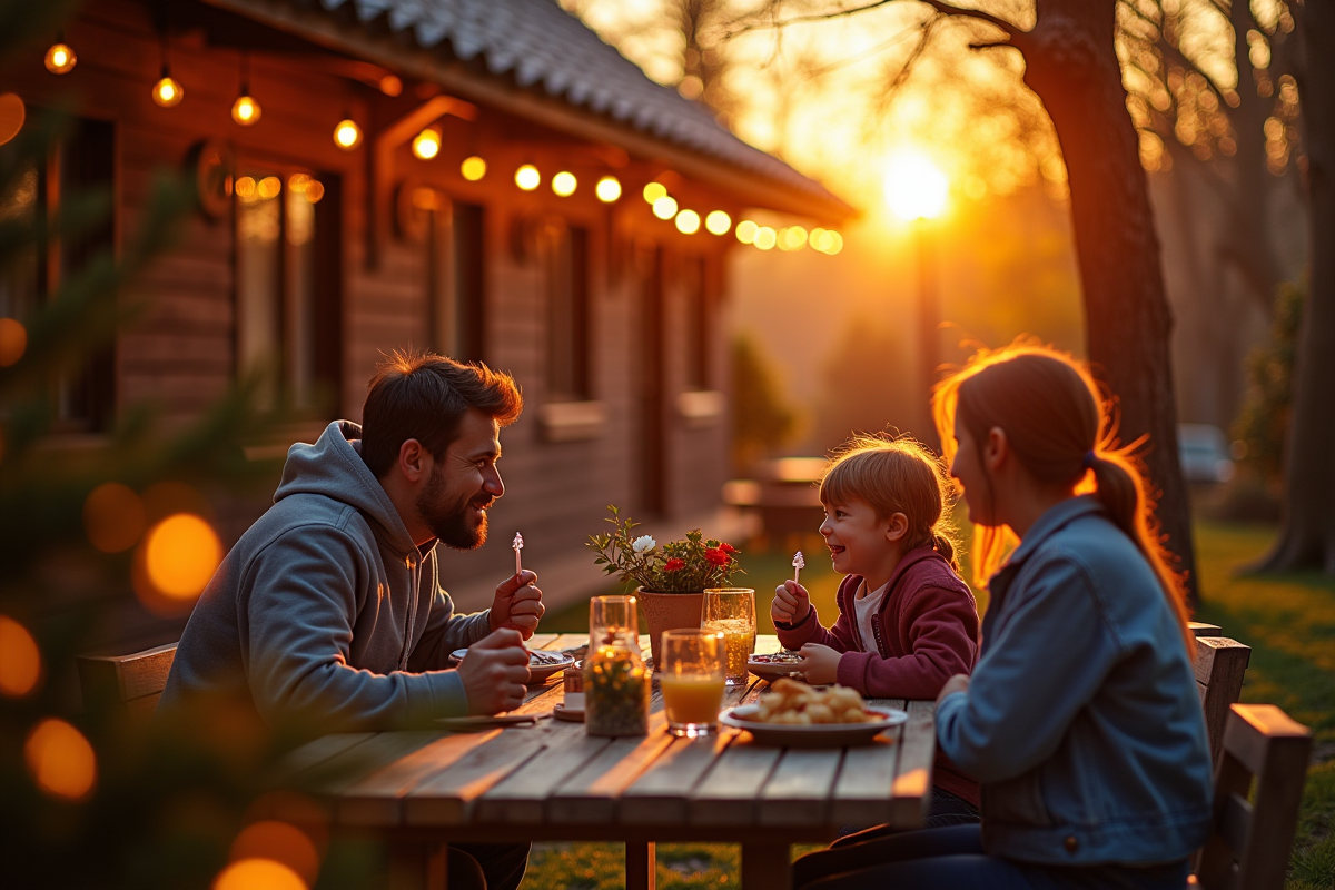 Repas en plein air au coucher du soleil dans un village familial