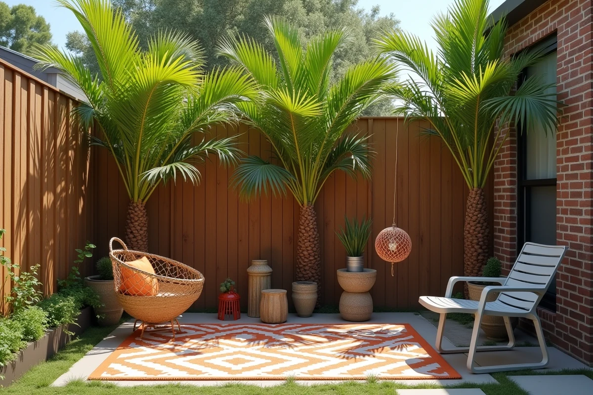 Terrasse extérieure avec trois palmiers mal disposés en pot, décor incohérent et déséquilibré illustrant les erreurs d'aménagement fréquentes avec la règle des palmiers