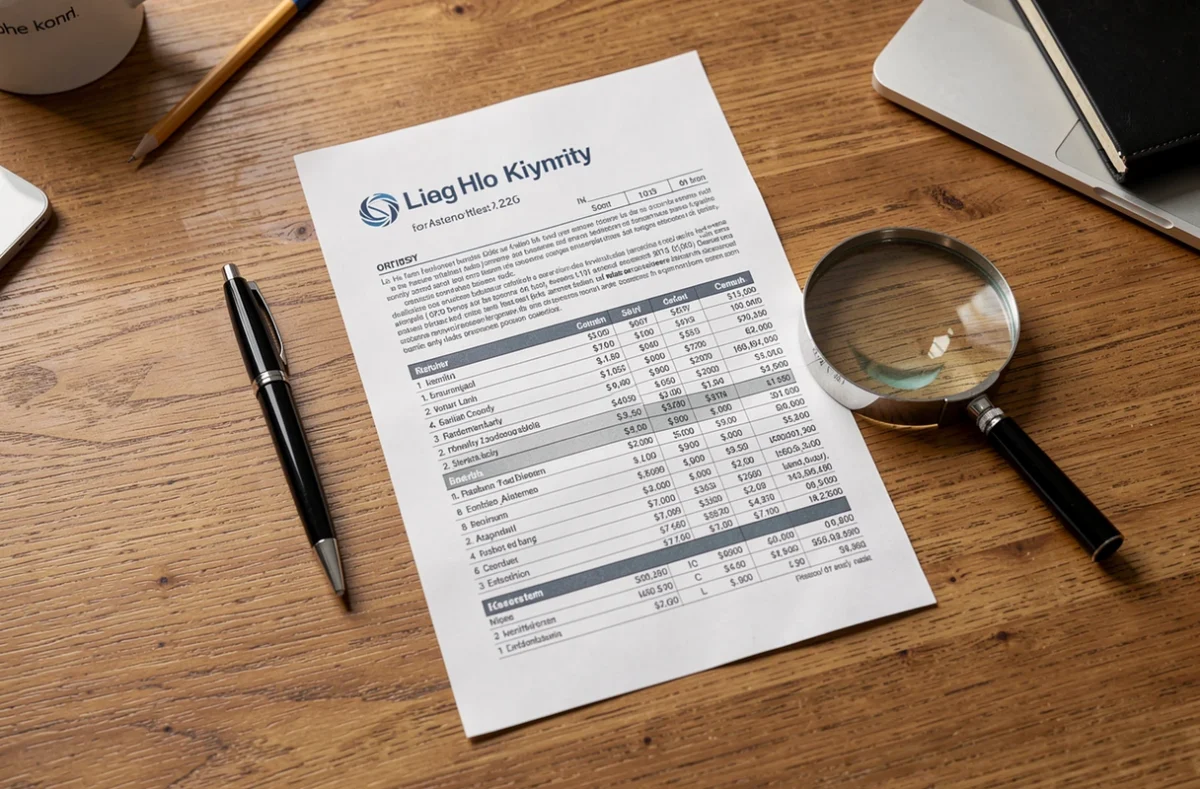 Document financier posé sur un bureau avec une loupe