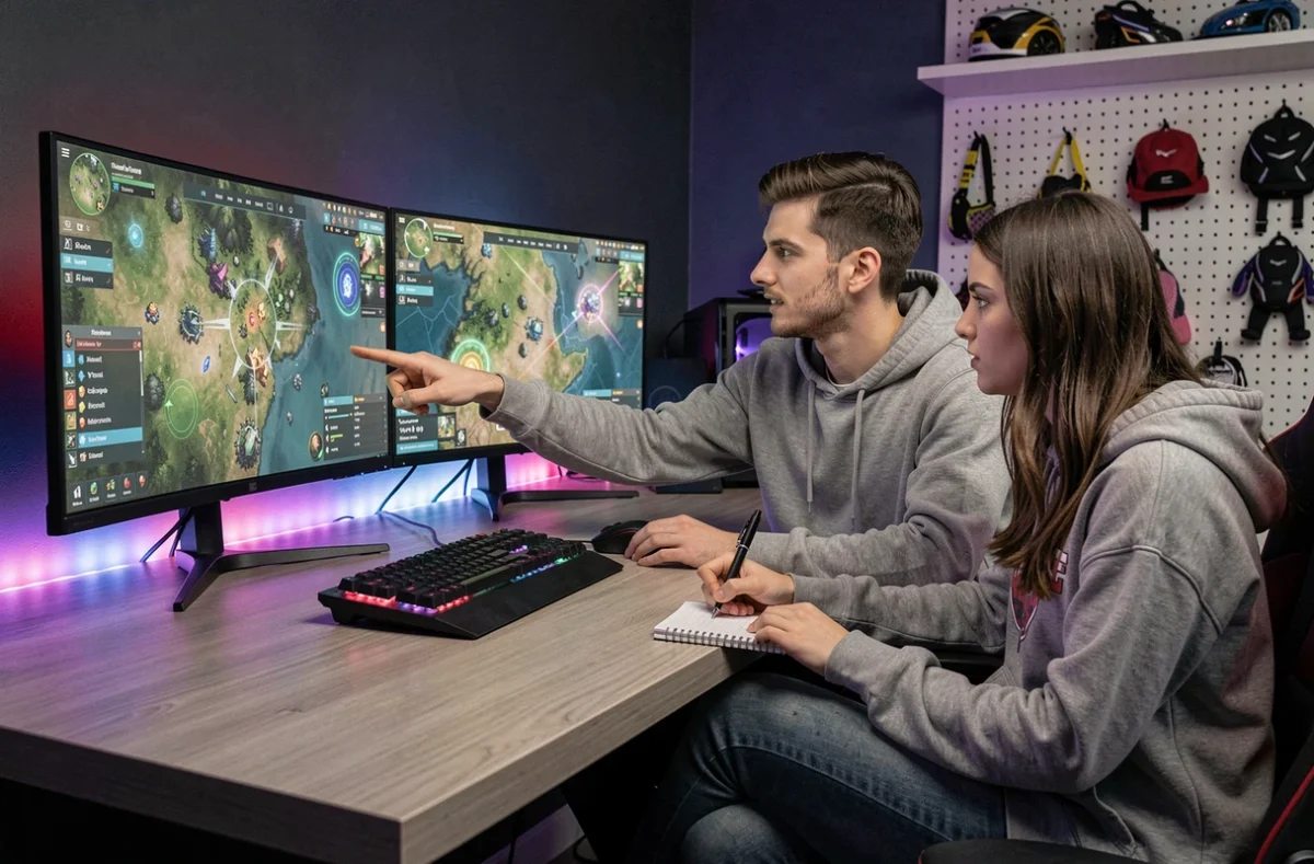 Deux joueurs collaborant pour trouver des positions de portails sur Dofus devant un double écran de gaming