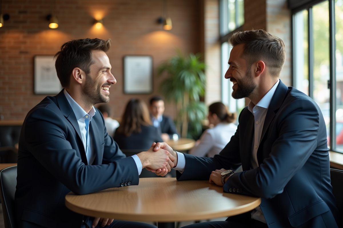 Deux hommes se serrant la main dans un café convivial