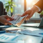 Main d'une personne d'affaires échangeant des billets internationaux sur un bureau moderne