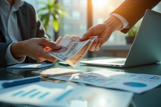 Main d'une personne d'affaires échangeant des billets internationaux sur un bureau moderne