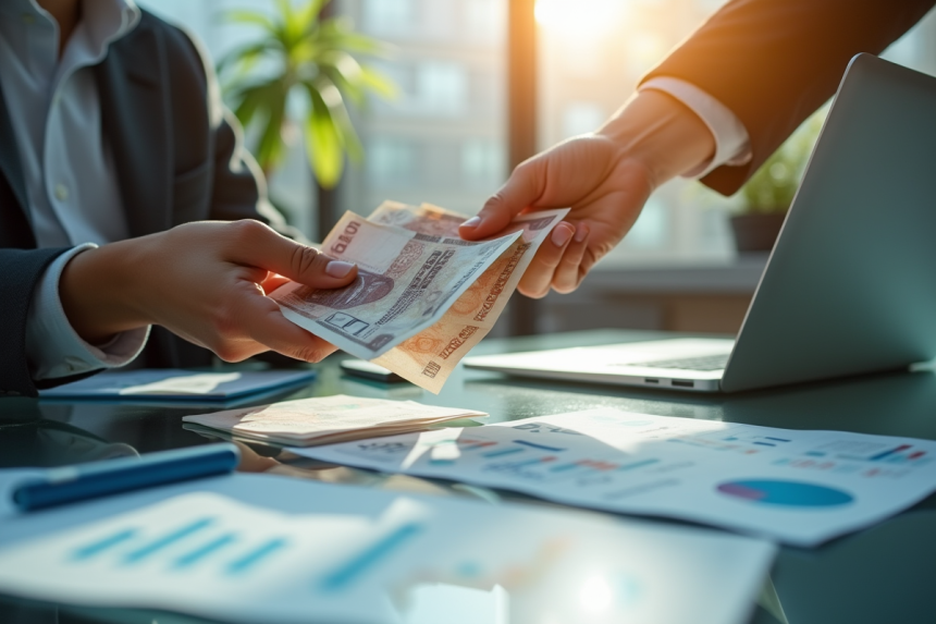 Main d'une personne d'affaires échangeant des billets internationaux sur un bureau moderne