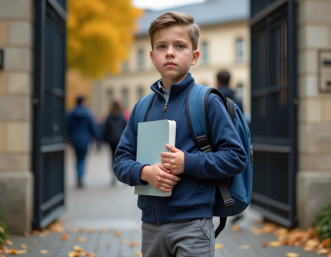 Écolier devant une école française le jour de la rentrée scolaire 2026 avec son cartable