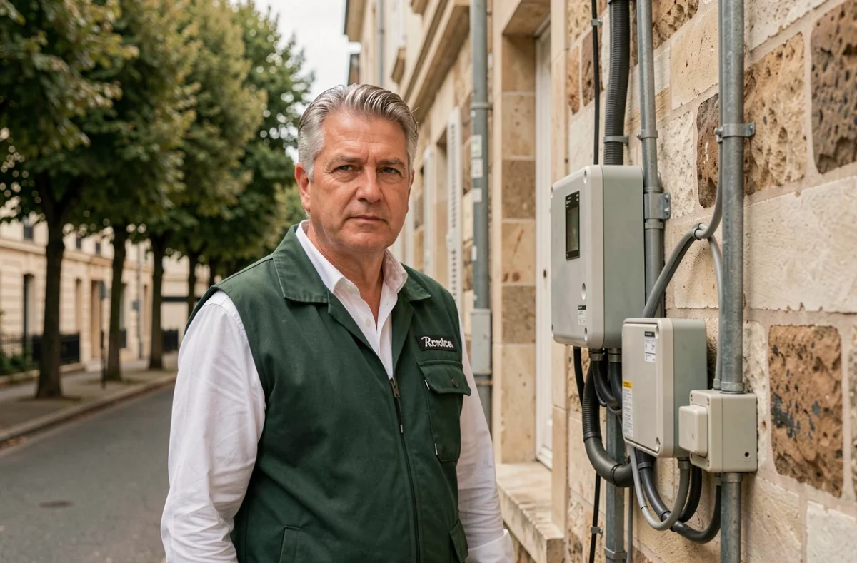 Électricien de ELECTRICITE GENERALE THIBAUD posant devant une installation électrique extérieure sur une maison en pierre