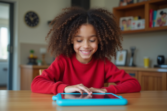 Fille souriante de sept ans avec tablette éducative