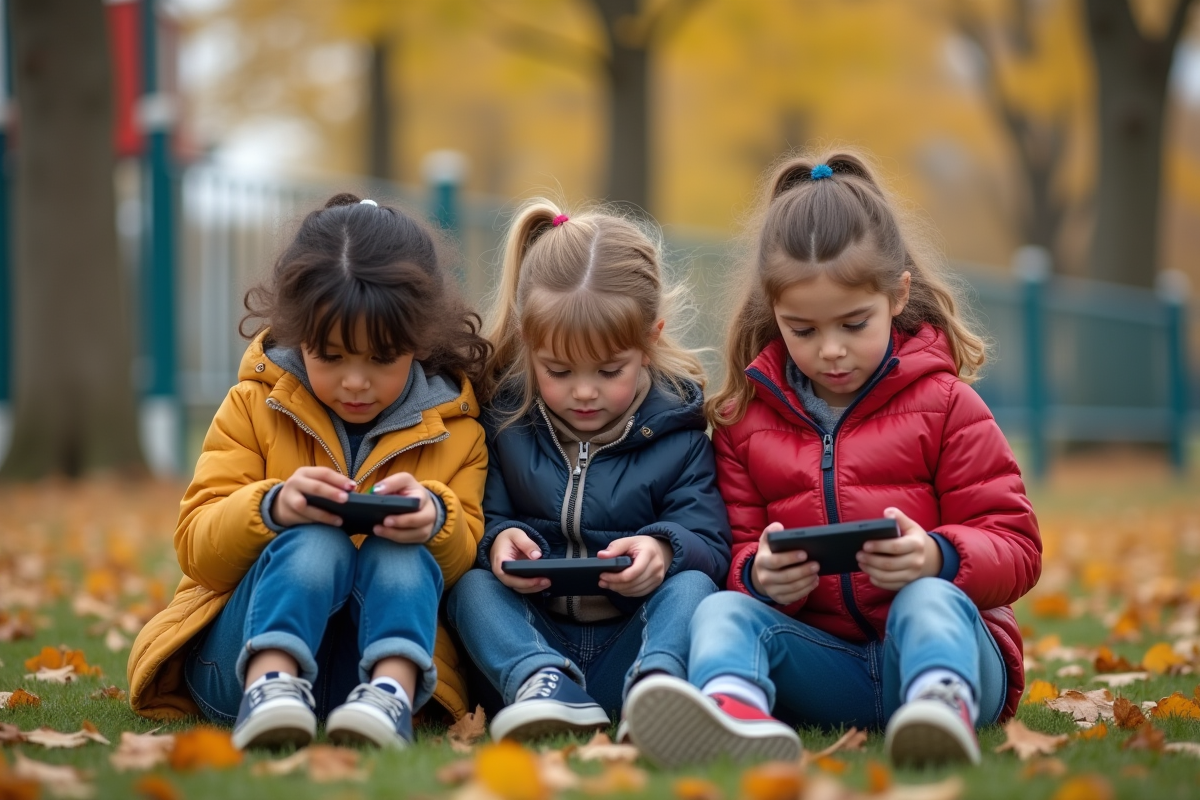 Trois enfants jouant avec des appareils éducatifs en parc