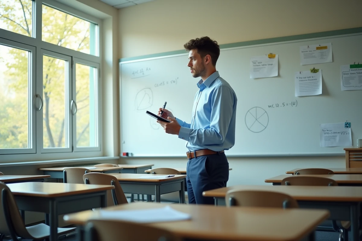 Jeune professeur expliquant des formules de cercle au tableau