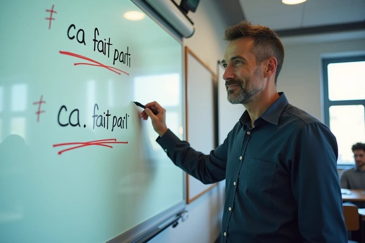 Enseignant expliquant devant un tableau blanc la différence orthographique entre 'ça fait parti' et 'ça fait partie' dans une salle de classe moderne