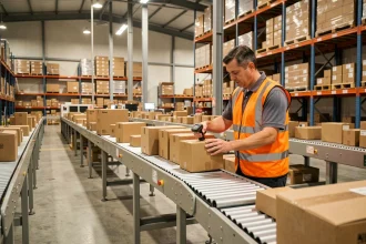 Employé logistique scannant un colis sur un tapis roulant dans un entrepôt de transit moderne