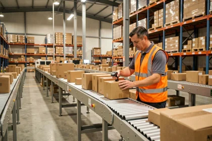 Employé logistique scannant un colis sur un tapis roulant dans un entrepôt de transit moderne