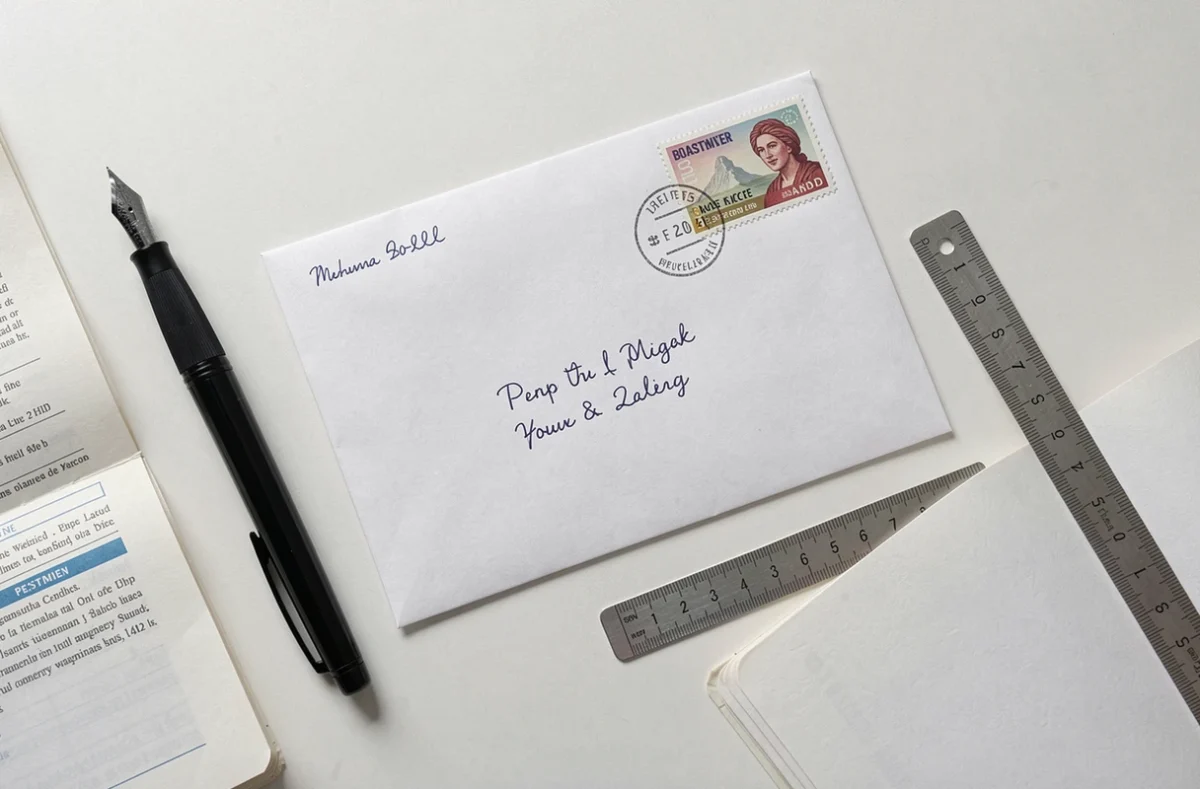 Vue du dessus d'une enveloppe correctement remplie avec adresse expéditeur, adresse destinataire et timbre, posée sur un bureau blanc avec un stylo et un guide postal