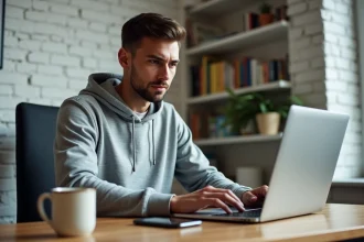 Homme envoyant un SMS anonyme depuis son PC et smartphone dans un bureau à domicile
