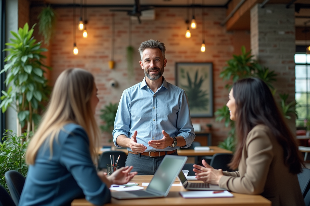 Groupe de collègues en coworking discutant ensemble