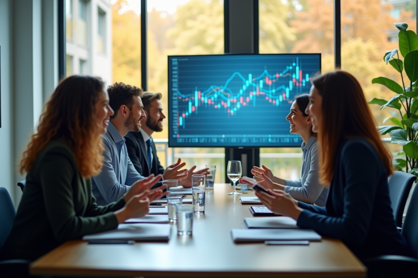 Groupe de professionnels discutant des données économiques