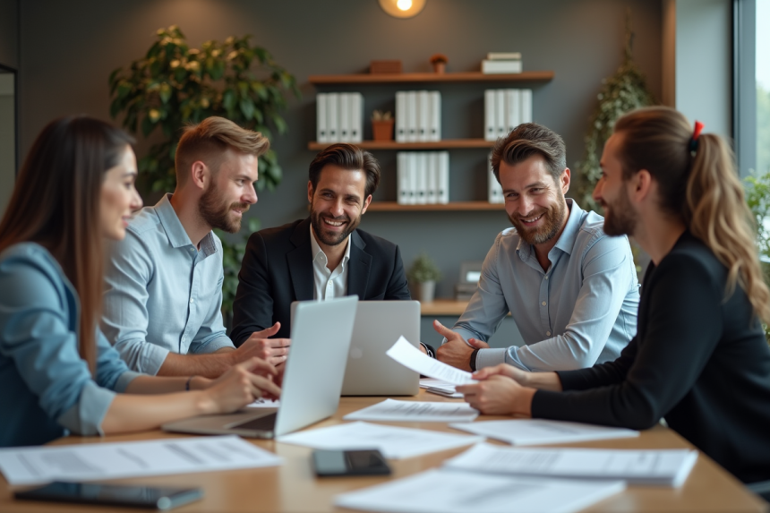 Groupe de professionnels en réunion dans un bureau moderne