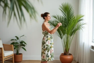 Femme arrangeant les feuilles jaunies d'un palmier d'intérieur dans un salon décoré de meubles en rotin, illustrant les erreurs courantes d'entretien des palmiers