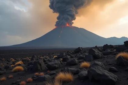 Éruption du volcan Etna en Sicile avec panache de cendres volcaniques s'élevant au-dessus d'un champ de lave basaltique