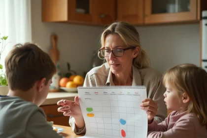 Mère et enfants consultant un calendrier scolaire 2026 autour d'une table de cuisine familiale