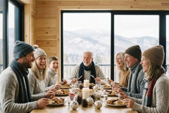 famille célébrant Noël dans un chalet chaleureux et festif