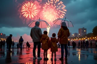Famille sous des parapluies regardant le feu d'artifice du 14 juillet sous la pluie à Villeneuve d'Ascq