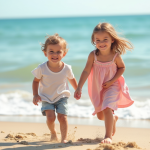 Famille souriante jouant sur la plage méditerranéenne