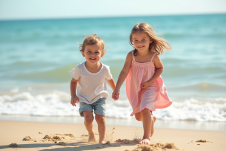 Famille souriante jouant sur la plage méditerranéenne
