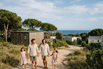 famille profitant de vacances en mobil-home près de la mer
