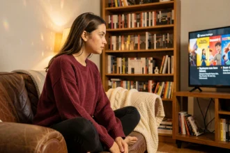 Jeune femme regardant une série en version française sur un grand écran de télévision dans un salon cosy avec étagères de DVDs