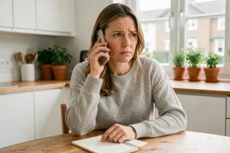 Femme appelant le service après-vente Darty depuis son smartphone dans une cuisine moderne