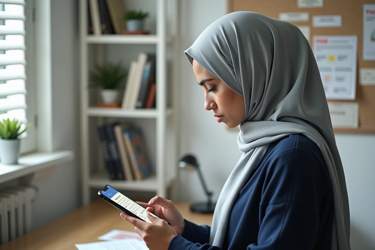 Femme consultant une application de calcul des horaires de prière islamiques sur smartphone