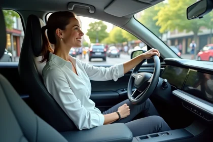 Femme confiante dans une voiture autonome en ville