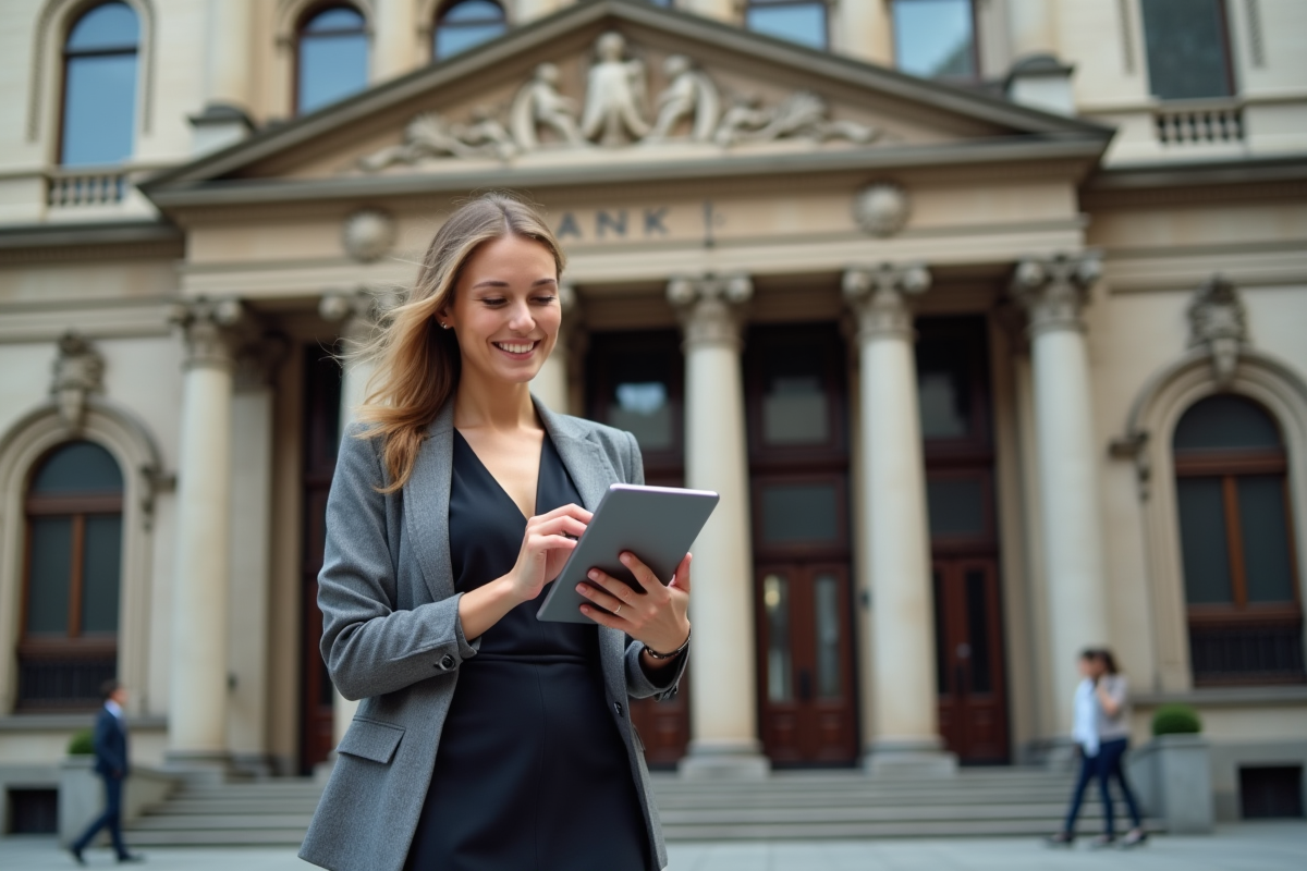Femme professionnelle souriante devant une banque historique