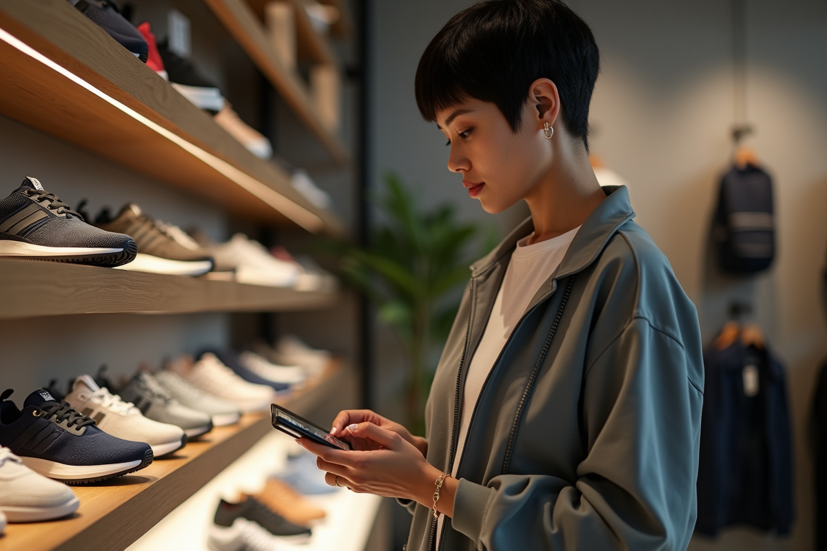 Femme mode regardant des sneakers dans une boutique moderne