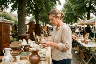 Femme examinant un vase ancien lors d'une brocante en Moselle en plein air