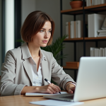 Femme au bureau analysant des graphiques sur son ordinateur